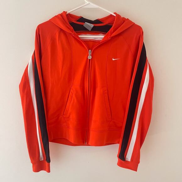 Y2K Red Orange Zip Up Hoodie S Swoosh Retro Track Stripe Hooded Sweatshirt 2000s - Picture 1 of 10